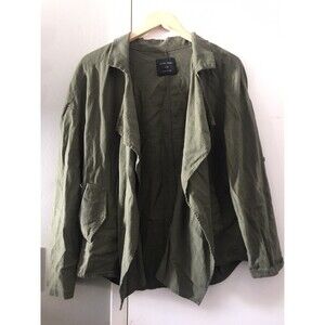 Love Tree Olive Green Linen Blend Open Front Shacket Convertible Sleeves Large